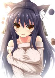 Rule 34 | 1girl, animal ears, bare shoulders, black hair, blush, breast hold, breasts, cat ears, collarbone, hair ribbon, koneko (nonnkimono), large breasts, long hair, looking at viewer, open mouth, original, ribbed sweater, ribbon, simple background, smile, solo, sweater, yellow eyes