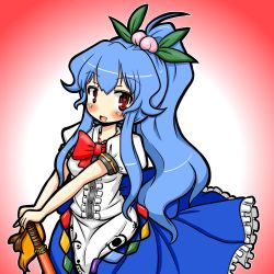 Rule 34 | 1girl, alternate hairstyle, blue hair, blush, bow, eruru (erl), fang, female focus, food, frills, fruit, hair ornament, hands on hilt, hinanawi tenshi, leaf, long skirt, looking at viewer, no headwear, open mouth, peach, ponytail, red eyes, short sleeves, simple background, skirt, solo, sword, sword of hisou, touhou, weapon