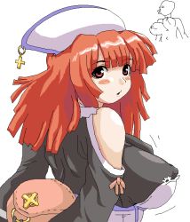 Rule 34 | artist request, blush, breasts, covered erect nipples, from behind, la pucelle, large breasts, nippon ichi, open mouth, prier, red eyes, red hair, sideboob