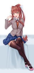 Rule 34 | 1girl, black thighhighs, blue skirt, bow, brown hair, brown vest, collared shirt, commission, crossed ankles, doki doki literature club, full body, green eyes, grey jacket, hair bow, hand up, heart, highres, holding, holding pen, jacket, legs, long hair, long sleeves, looking at viewer, mary janes, matrix16, monika (doki doki literature club), neck ribbon, open mouth, paid reward available, panties, pantyshot, pen, pink footwear, pleated skirt, ponytail, red ribbon, ribbon, school uniform, shirt, shoes, sidelocks, sitting, skirt, solo, thighhighs, tongue, tongue out, two-tone footwear, underwear, very long hair, vest, white background, white bow, white footwear, white panties, white shirt, zettai ryouiki