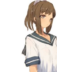Rule 34 | 1girl, alchera, blue sailor collar, brown eyes, brown hair, commentary request, hair ornament, hairclip, i-401 (kancolle), kantai collection, ponytail, sailor collar, school uniform, serafuku, short hair, short ponytail, simple background, solo, upper body, white background