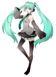 Rule 34 | 1girl, aqua nails, bad id, bad pixiv id, boots, covered navel, daitabashi kinu, detached sleeves, female focus, full body, green eyes, green hair, hatsune miku, headset, long hair, looking at viewer, matching hair/eyes, nail polish, necktie, open mouth, simple background, skirt, solo, thigh boots, thighhighs, twintails, very long hair, vocaloid, white background