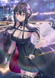 Rule 34 | 1girl, black dress, black gloves, black hair, black thighhighs, blush, breasts, cleavage, closed mouth, collarbone, commentary request, copyright name, covered navel, dagger, dress, dual wielding, earrings, fingerless gloves, flower, gloves, gold, gold earrings, gold hairband, hair flower, hair ornament, hairband, highres, holding, holding dagger, holding knife, holding weapon, jewelry, knife, large breasts, lips, long hair, multi-strapped dress, multiple straps, nail polish, pendant, red eyes, red nails, rose, sidelocks, sleeveless, sleeveless dress, smile, solo, spy x family, thighhighs, two-sided dress, two-sided fabric, weapon, yor briar, yoshimoto (dear life)