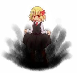 Rule 34 | 1girl, blonde hair, blouse, child, clothes lift, darkness, dress, dress lift, necktie, pantyhose, red eyes, ribbon, rumia, shirt, short hair, simple background, smile, takapi 3, touhou, vest, white background