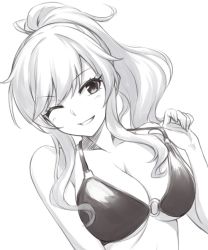 Rule 34 | 1girl, bare shoulders, bikini, breasts, cleavage, collarbone, commentary request, grey background, greyscale, grin, hand up, idolmaster, idolmaster cinderella girls, large breasts, long hair, looking at viewer, monochrome, o-ring, o-ring top, ohtsuki yui, one eye closed, parted lips, pataneet, ponytail, simple background, smile, solo, swimsuit, upper body