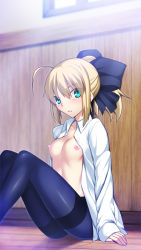 Rule 34 | 1girl, artoria pendragon (all), artoria pendragon (fate), black pantyhose, blonde hair, blush, breasts, fate/stay night, fate (series), green eyes, highres, nipples, open clothes, open shirt, pantyhose, saber (fate), shirt, short hair, sitting, skylader, small breasts, solo, thighband pantyhose