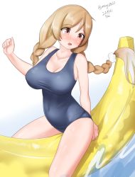 Rule 34 | 1girl, absurdres, banana boat, braid, breasts, cloud hair ornament, gradient hair, highres, kantai collection, large breasts, light brown hair, long hair, looking back, maru (marg0613), minegumo (kancolle), multicolored hair, one-hour drawing challenge, red eyes, school swimsuit, simple background, solo, swimsuit, twin braids, water, white background