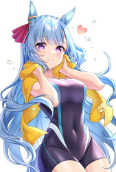 Rule 34 | 1girl, animal ears, black one-piece swimsuit, blue hair, braid, breasts, collarbone, commentary request, covered navel, crown braid, ear ornament, groin, hands up, heart, highres, horse ears, horse girl, horse tail, long hair, looking at viewer, medium breasts, mejiro ardan (umamusume), one-piece swimsuit, purple eyes, simple background, smile, solo, swimsuit, tail, tomo (tmtm mf mf), towel, umamusume, very long hair, water drop, white background