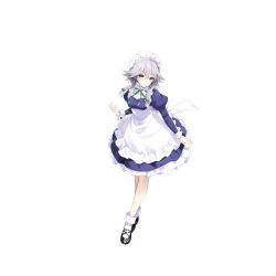 1girl apron blue_dress bow braid closed_mouth dress green_bow green_ribbon grey_hair hair_bow highres hirano_katsuyuki izayoi_sakuya juliet_sleeves long_hair long_sleeves looking_at_viewer maid maid_headdress neck_ribbon official_art puffy_sleeves ribbon shoes socks solo touhou touhou_spell_carnival transparent_background twin_braids white_socks