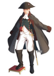 Rule 34 | 1boy, bicorne, black footwear, black hat, black jacket, black vest, blouse, boots, brown eyes, closed mouth, coreytaiyo, dated, full body, hand under clothes, hand under shirt, hat, highres, jacket, jacket on shoulders, knee boots, long sleeves, male focus, military, military uniform, original, pants, pants tucked in, sheath, sheathed, shirt, signature, simple background, solo, standing, sword, thick eyebrows, twitter username, uniform, v-shaped eyebrows, vest, weapon, white background, white neckwear, white pants, white shirt