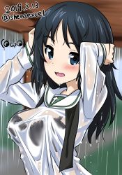 Rule 34 | 1girl, arms up, artist logo, black bra, black hair, black neckerchief, blouse, blue eyes, blurry, blurry background, blush, bra, breasts, cleavage, commentary, cowboy shot, dated, depth of field, freckles, frown, girls und panzer, hands in hair, highres, lace, lace-trimmed bra, lace trim, long hair, long sleeves, looking at viewer, medium breasts, neckerchief, one-hour drawing challenge, ooarai school uniform, open mouth, rain, school uniform, see-through, serafuku, shiina excel, shirt, solo, twitter username, underwear, undone neckerchief, upper body, wet, wet clothes, wet shirt, white shirt, yamagou ayumi