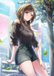 Rule 34 | 1girl, amagi shino, bare shoulders, blue eyes, brown hair, city, commentary, eyelashes, falling leaves, happy, highres, leaf, leaning, leaning on object, light blush, long hair, looking at viewer, original, smile, solo, standing, tree