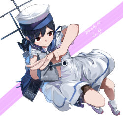 Rule 34 | 1girl, adapted costume, adapted turret, bag, black hair, blue collar, blue sailor collar, brown eyes, cannon, collar, depth charge, dress, gegeron, gun, hat, highres, kantai collection, low ponytail, machinery, mast, rigging, sailor collar, sailor dress, sailor hat, short hair, short sleeves, shounan (kancolle), smokestack, solo, turret, twintails, weapon, white background, white dress, white hat