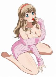 Rule 34 | 00s, 1girl, breasts, brown hair, food, fruit, ikkitousen, large breasts, long hair, looking at viewer, official art, sitting, solo, sonken chuubou, strawberry, white background