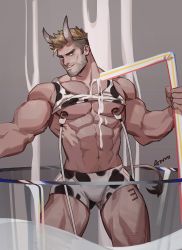 Rule 34 | 1boy, abs, amo (amo9612), animal print, bara, bare pectorals, beard, black male underwear, blonde hair, boxers, bulge, clothes lift, cow boy, cow horns, cow print, cow tail, drinking straw, facial hair, feet out of frame, highres, horns, lactation, large pectorals, looking at viewer, male focus, male lactation, male underwear, mature male, milk, milking machine, muscular, muscular male, navel, navel hair, nipples, original, oversized object, pectorals, print male underwear, print shirt, print tank top, shirt, shirt lift, short hair, sideburns, smirk, solo, stomach, stubble, tail, thick thighs, thighs, undercut, underwear, white male underwear
