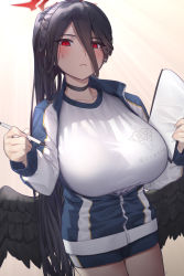 Rule 34 | 1girl, absurdres, angel wings, black choker, black feathers, black hair, black wings, blue archive, blush, braid, breasts, choker, clipboard, feathered wings, feathers, gradient background, gym shirt, gym shorts, gym uniform, hair between eyes, halo, hasumi (blue archive), hasumi (track) (blue archive), highres, holding, holding pen, huge breasts, jacket, large wings, long hair, looking at viewer, low wings, mole, mole under eye, official alternate costume, partially unzipped, pen, red eyes, shirt, shorts, skirt, solo, sweatdrop, track jacket, ubo (ubo tales), very long hair, white wings, wings