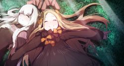 Rule 34 | 2girls, abigail williams (fate), bad id, bad pixiv id, black bow, black dress, blonde hair, bow, bug, butterfly, closed eyes, closed mouth, dress, fate/grand order, fate (series), grass, hair bow, hand on own chest, highres, insect, lavinia whateley (fate), long sleeves, lying, multiple girls, no headwear, on back, on grass, orange bow, outstretched arms, pale skin, parted bangs, parted lips, polka dot, polka dot bow, sketch, sleeves past wrists, smile, stuffed animal, stuffed toy, teddy bear, wada kazu, white hair