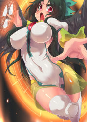 Rule 34 | 1girl, alternate costume, black hair, black wings, bow, breasts, covered navel, female focus, hair bow, impossible clothes, large breasts, long hair, open mouth, radiation symbol, red eyes, reiuji utsuho, ribbon, see-through, solo, suikamaru, thighhighs, thighs, third eye, touhou, white thighhighs, wings