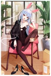Rule 34 | 1girl, absurdres, alternate costume, animal ears, arm support, black footwear, black jacket, black leotard, blue hair, box, breasts, brown pantyhose, cardboard box, coffee cup, collarbone, covered navel, cup, disposable cup, eyelashes, full body, hand up, head tilt, high heels, highres, himura soichiro, hololive, indoors, jacket, knee up, leaning back, legs, leotard, looking at viewer, medium breasts, no shoes, open mouth, pantyhose, pekomon (usada pekora), plant, playboy bunny, potted plant, rabbit ears, rabbit girl, red eyes, romaji commentary, shadow, shoes, unworn shoes, short eyebrows, sitting, skin tight, solo, steam, teeth, thick eyebrows, toes, upper teeth only, usada pekora, usada pekora (1st costume), virtual youtuber, window