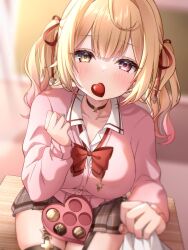 Rule 34 | 1girl, black skirt, blonde hair, blurry, blurry background, bow, bowtie, box, breasts, candy, cardigan, chocolate, chocolate heart, collared shirt, commentary, depth of field, desk, double-parted bangs, food, food in mouth, hair ribbon, heart, heart-shaped box, heterochromia, highres, hoshikawa sara, hoshikawa sara (4th costume), large breasts, looking at viewer, meme (mm ta mm), nijisanji, official alternate costume, on desk, pink cardigan, plaid, plaid skirt, pleated skirt, pov, red bow, red bowtie, red eyes, red ribbon, ribbon, shirt, shirt grab, sitting, skirt, symbol-only commentary, twintails, virtual youtuber, wavy hair, white shirt, yellow eyes