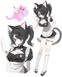 1girl alternate_costume ame-chan_(needy_girl_overdose) animal_ears apron black_dress black_footwear black_hair breasts cat cat_ears cat_tail cleavage_cutout closed_mouth clothing_cutout dress frilled_apron frills full_body hair_over_one_eye hand_on_own_hip hand_up highres holding holding_knife kemonomimi_mode kneehighs knife long_hair looking_at_viewer medium_breasts multiple_views neck_ribbon needy_girl_overdose pien_cat_(needy_girl_overdose) ribbon shoes simple_background socks standing syuni_(iwakura_666) tail twintails white_apron white_background white_socks