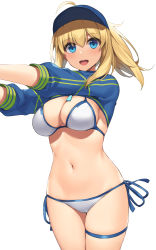Rule 34 | 1girl, absurdres, ahoge, artoria pendragon (fate), baseball cap, bikini, blonde hair, blue eyes, blue hat, blue jacket, blush, breasts, cleavage, cropped jacket, fate/grand order, fate (series), hair between eyes, hair through headwear, hat, highres, jacket, large breasts, long hair, looking at viewer, mysterious heroine x (fate), mysterious heroine xx (fate), navel, open mouth, ponytail, shrug (clothing), simple background, smile, solo, suiroh (shideoukami), swimsuit, thigh strap, white background, white bikini