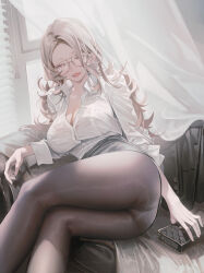 Rule 34 | 1girl, ass, black pantyhose, black skirt, bra, bra visible through clothes, breasts, cleavage, curtains, earrings, feet out of frame, forehead, glasses, grey-framed eyewear, highres, indoors, jewelry, koi han, large breasts, light brown hair, long hair, looking at viewer, messy hair, office lady, open collar, original, panties, panties under pantyhose, pantyhose, shirt, skirt, solo, stud earrings, underwear, very long hair, white bra, white panties, white shirt