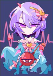 Rule 34 | 1girl, :|, blouse, blue background, blue shirt, bow, bowtie, cardiogram, chromatic aberration, closed mouth, commentary, eyebrows hidden by hair, frilled shirt collar, frilled sleeves, frills, hair between eyes, hair ornament, hairband, heart, heart hair ornament, highres, komeiji satori, long sleeves, looking at viewer, op na yarou, petals, pink bow, pink bowtie, purple eyes, purple hair, red eyes, shirt, short hair, simple background, solo, striped bow, striped bowtie, striped clothes, third eye, touhou, upper body, wide sleeves, yellow hairband
