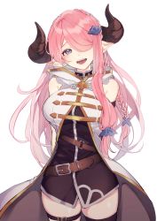 Rule 34 | 1girl, absurdres, bare shoulders, belt, black thighhighs, blue eyes, braid, breasts, commentary request, granblue fantasy, hair ornament, hair over one eye, hairclip, highres, horns, large breasts, long hair, looking at viewer, narmaya (granblue fantasy), peki gbf, pink hair, pointy ears, single braid, single thighhigh, skindentation, sleeveless, solo, thigh strap, thighhighs, thighs, white background