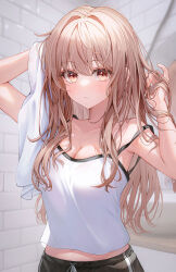 Rule 34 | 1girl, arm up, bare arms, bare shoulders, black shorts, blush, breasts, brick wall, brown eyes, brown hair, camisole, cleavage, closed mouth, collarbone, commentary request, funii, hand up, hands in hair, highres, indoors, looking at viewer, medium breasts, navel, original, shorts, solo, strap slip, towel, wet, wet hair, white camisole