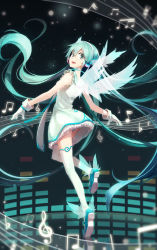 Rule 34 | 1girl, aqua hair, beamed quavers, dress, gloves, gradient background, green eyes, hatsune miku, headphones, highres, linfi-muu, long hair, looking back, musical note, open mouth, panties, revision, solo, striped clothes, striped panties, thighhighs, treble clef, twintails, underwear, very long hair, vocaloid, wings