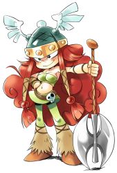 Rule 34 | 1girl, animification, axe, bandeau, barbara (rayman), bare shoulders, battle axe, belt, big hair, blush, bracer, breasts, curly hair, green pantyhose , hair tubes, hand on own hip, helmet, leg warmers, midriff, navel, oyatsu (mk2), pantyhose, pencil skirt, rayman, rayman legends, red hair, sidelocks, simple background, skirt, skull, small breasts, smile, solo, standing, strapless, tube top, viking, weapon, white background, winged helmet