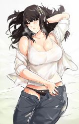 Rule 34 | 1girl, absurdres, bare shoulders, black eyes, black hair, black panties, blouse, blunt bangs, blush, breasts, breath, cleavage, commentary, english commentary, eyebrows, highres, holding pants, large breasts, long hair, looking at viewer, lying, lynus, messy hair, naoko-san, on back, open clothes, open shirt, original, panties, shirt, solo, sweat, tank top, underwear, unzipped, wet, wet clothes, white shirt