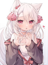 Rule 34 | 1girl, animal ear fluff, animal ears, black jacket, blush, choker, commentary request, dress, flower, fox ears, gradient background, grey background, grey hair, hair between eyes, hair flower, hair ornament, hair ribbon, hairclip, hands up, heart, heart hands, highres, jacket, long hair, long sleeves, looking at viewer, off shoulder, open clothes, open jacket, original, puffy long sleeves, puffy sleeves, red eyes, red flower, red ribbon, ribbon, ringouulu, simple background, sleeveless, sleeveless dress, solo, twitter username, very long hair, white background, white choker, white dress, white flower, x hair ornament