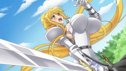 Rule 34 | 1girl, absurdly long hair, animal ears, armor, artist request, blonde hair, blue eyes, blush, boobplate, breastplate, breasts, centorea shianus, game cg, glint, holding, holding sword, holding weapon, horse ears, huge breasts, long hair, long sword, monster girl, monster musume no iru nichijou, monster musume no iru nichijou online, official art, open mouth, outdoors, plate armor, pointy ears, ponytail, scabbard, sheath, sideboob, sky, solo, sword, very long hair, wardrobe malfunction, weapon