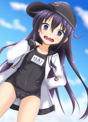 Rule 34 | 1girl, akatsuki (kancolle), anchor, anchor symbol, blue one-piece swimsuit, blush, cloud, cloudy sky, collarbone, cosplay, covered navel, cowboy shot, day, embarrassed, flat cap, flat chest, gluteal fold, hair between eyes, hat, highres, hood, hooded jacket, ichininmae no lady, jacket, kantai collection, long hair, long sleeves, looking at viewer, messy hair, name tag, old school swimsuit, one-piece swimsuit, open clothes, open jacket, open mouth, outdoors, purple eyes, purple hair, school swimsuit, sky, smile, solo, standing, swimsuit, swimsuit under clothes, wavy mouth, white jacket, yukikaze (kancolle), yukikaze (kancolle) (cosplay), yuuki miyabi
