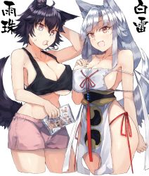 Rule 34 | 2girls, :d, ahoge, animal ear fluff, animal ears, arm up, asymmetrical docking, bad id, bad pixiv id, bare arms, bare shoulders, black hair, black sash, black tank top, blush, breast press, breasts, cleavage, collarbone, commentary request, cowboy shot, crop top, cropped legs, dress, fang, food, grey eyes, groin, hair between eyes, hand in own hair, hand on own chest, holding, holding food, large breasts, midriff, multiple girls, open mouth, original, panties, pelvic curtain, pink shorts, red eyes, red panties, red ribbon, ribbon, sash, short hair, short shorts, shorts, side-tie panties, side slit, sideboob, sidelocks, silver hair, simple background, smile, standing, strapless, strapless dress, suminagashi, sweat, tail, tank top, thighs, translation request, underboob, underwear, white background, white dress, wolf ears, wolf tail