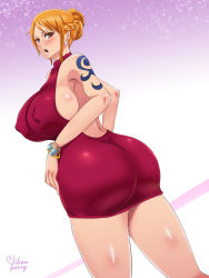 Rule 34 | 1girl, ass, blush, breasts, brown eyes, curvy, earrings, highres, huge ass, huge breasts, jewelry, looking back, mikanberry, nami (one piece), no bra, one piece, open mouth, orange hair, sideboob, solo, tattoo, thick thighs, thighs, wide hips