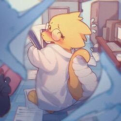 Rule 34 | 1girl, alphys, barefoot, black eyes, blue skin, blurry, blurry foreground, blush, buck teeth, chinese commentary, coat, colored skin, commentary request, computer, desk, fewer digits, film grain, finger frame, folder, from behind, full body, furry, furry female, glasses, holding, holding folder, indoors, keyboard (computer), lab coat, lazy kun, looking at viewer, looking back, monitor, no sclera, open mouth, out of frame, paper, refrigerator, reptile girl, round eyewear, solo focus, standing, teeth, tile floor, tiles, undertale, webbed hands, white coat, yellow skin