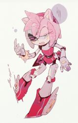 Rule 34 | 1girl, animal ears, blush, bracelet, colored sclera, cyborg, hedgehog, hedgehog ears, highres, jewelry, joints, looking at viewer, mechanical arms, mechanical legs, mechanical parts, open mouth, pink fur, pink sclera, rivernull, rusty rose, sega, simple background, solo, sonic (series), sonic prime, spiked bracelet, spikes, white background