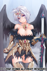 Rule 34 | 1girl, armor, armored dress, bare shoulders, bird wings, black dress, black thighhighs, black wings, breasts, character request, cleavage, collarbone, dress, gauntlets, hair ornament, head tilt, henshako, large breasts, looking at viewer, metal gloves, purple hair, silver hair, smile, solo, strapless, strapless dress, sword, sword girls, thighhighs, weapon, wings, zettai ryouiki