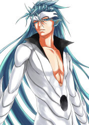 Rule 34 | 1boy, abs, bad id, bad pixiv id, bleach, blue eyes, blue hair, dolo1327, grimmjow jaegerjaquez, highres, long hair, long sleeves, looking at viewer, male focus, mask, parted lips, pointy ears, simple background, solo, standing, white background