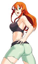 Rule 34 | 1girl, armpits, arms up, ass, black bra, bra, braid, from below, from side, green hair, green shorts, highres, hong meiling, kagehito, long hair, looking at viewer, open mouth, red hair, shorts, simple background, solo, sports bra, torn clothes, touhou, twin braids, underwear, white background