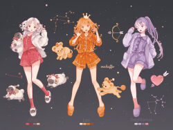 Rule 34 | 3girls, :d, animal slippers, aries (constellation), aries (zodiac), black background, bow, braid, brown eyes, brown hair, buttons, claw pose, color guide, constellation, english text, full body, hair ornament, heart, highres, hood, jacket, leo (constellation), leo (zodiac), long hair, long sleeves, looking at viewer, mokaffe, multiple girls, open clothes, open jacket, open mouth, orange eyes, orange hair, orange shirt, orange shorts, original, pajamas, polka dot, ponytail, purple eyes, purple footwear, purple hair, purple shirt, purple shorts, purple socks, red shirt, red socks, sagittarius (constellation), sagittarius (zodiac), sheep, shirt, short hair, shorts, sleeves past wrists, slippers, smile, socks, standing, star (symbol), stuffed animal, stuffed toy, white hair, white jacket, zodiac