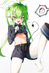 Rule 34 | 1boy, 1girl, belt, black belt, black hat, black jacket, black shorts, black tail, blue archive, blush, breasts, buttons, demon tail, doodle sensei (blue archive), double-breasted, earrings, fang, foot out of frame, green hair, hat, heart, nozomi (blue archive), highres, jacket, jewelry, kaminose (user veum4325), long hair, long sleeves, looking at viewer, open mouth, pantyhose, peaked cap, pointy ears, sensei (blue archive), shorts, simple background, single earring, skin fang, small breasts, tail, underboob, unworn hat, unworn headwear, white background, white pantyhose, yellow eyes
