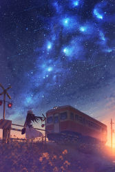 Rule 34 | 1girl, absurdres, back bow, bag, black hair, bow, commentary request, dress, duplicate, evening, flower, from behind, hair blowing, hat, highres, holding, holding bag, kenzo 093, meteor, meteor shower, milky way, original, railroad crossing, railroad signal, scenery, sky, solo, standing, star (sky), starry sky, sunset, train, utility pole, white dress, white hat, wind, wind lift