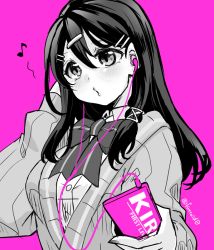 Rule 34 | 1girl, blush, earbuds, earphones, fire emblem, hair between eyes, hair ornament, hairclip, listening to music, long hair, long sleeves, monochrome, musical note, nintendo, oribe tsubasa, parted lips, phone, pink background, ribbon, school uniform, solo, tokyo mirage sessions fe, twitter username, upper body, yukia (firstaid0)