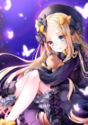 Rule 34 | 1girl, abigail williams (fate), bad id, bad pixiv id, black bow, black dress, black hat, blonde hair, bloomers, blue eyes, bow, bug, butterfly, commentary request, dress, eyes visible through hair, fate/grand order, fate (series), forehead, hair bow, hands in opposite sleeves, hane yuki, hat, highres, hugging object, insect, long hair, long sleeves, looking at viewer, night, night sky, orange bow, outdoors, parted bangs, parted lips, polka dot, polka dot bow, sitting, sky, smile, solo, star (sky), starry sky, stuffed animal, stuffed toy, teddy bear, underwear, very long hair, white bloomers