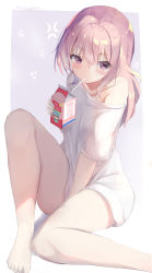 Rule 34 | 1girl, anger vein, bare shoulders, barefoot, between legs, blush, collarbone, commentary request, drinking straw, feet out of frame, grey background, hair between eyes, hand between legs, highres, holding, inui sajuna, knee up, long hair, looking at viewer, natuna natu, off shoulder, pink hair, purple eyes, shirt, solo, sono bisque doll wa koi wo suru, twitter username, two-tone background, white background, white shirt
