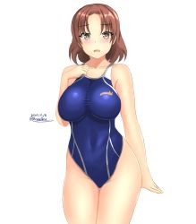 Rule 34 | 1girl, blue one-piece swimsuit, blush, breasts, brown eyes, brown hair, chiyoda (kancolle), competition swimsuit, covered navel, cowboy shot, dated, highres, kantai collection, large breasts, montemasa, one-hour drawing challenge, one-piece swimsuit, open mouth, short hair, signature, simple background, solo, surprised, swimsuit, white background
